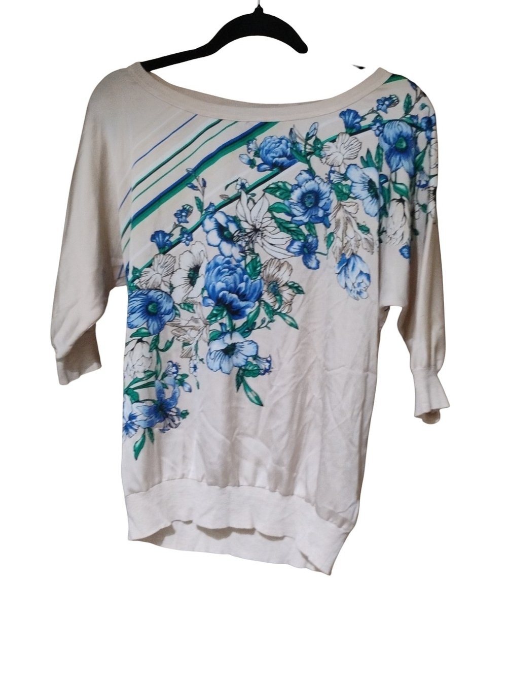 White House Black Market Cream Boatneck Top with Blue Floral Print SZ S